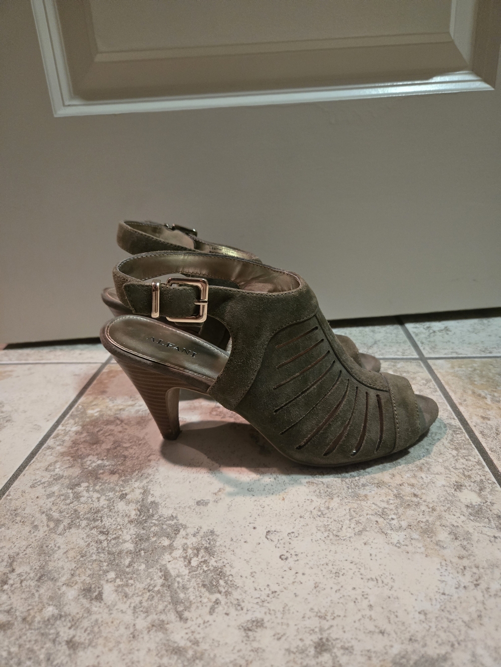 Alfani Olive Green Leather/Suede Cutout Peep-Toe Heels with Buckle Strap